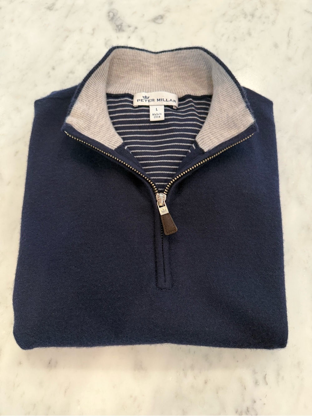 Peter Millar Navy 70% Cashmere Blend Quarter Zip Sweater Striped Lining Men L